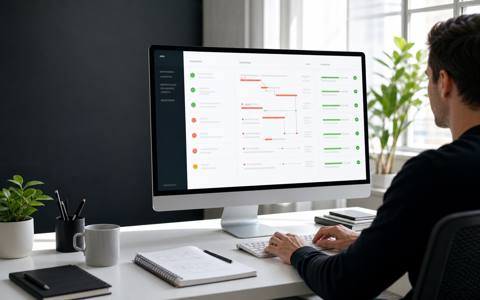 A person reviewing coordinated work on a desktop display